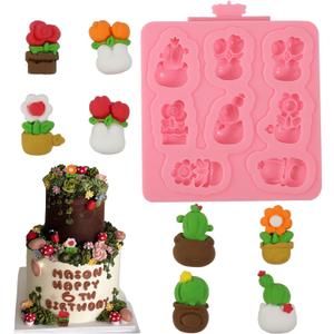 4 x 1 Pcs Mini Cactus Silicone Mold, Cartoon Flower Plant Potted Fondant Mold for Cupcake Topping Candy Chocolate Biscuit Chewing Gum Resin Clay Resin Reusable Kitchen Baking Supplies