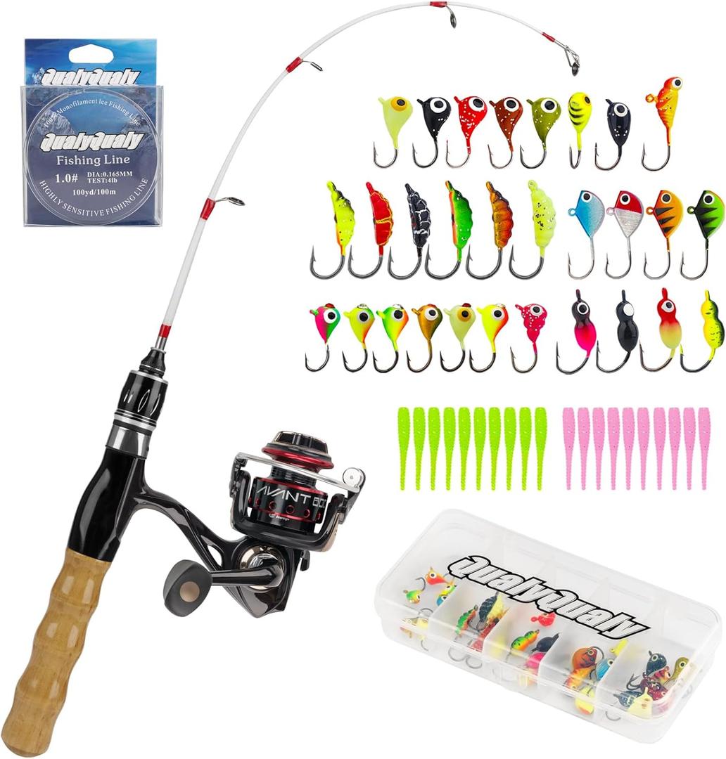 QualyQualy Ice Fishing Rod Reel Combo Complete Set Ice Fishing Gear with Backpack Seat Ice Cleats Ice Fishing Jigs Line Full Ice Fishing Kit 24" 26"