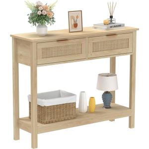 Farmhouse Rattan Console Table with 2 Drawers 2 Tier Boho Narrow Long Sofa Table Natural with Open Storage Shelf Wood Entryway Table for Living Room Hallway Foyer (Nature, 39.4 Inch)