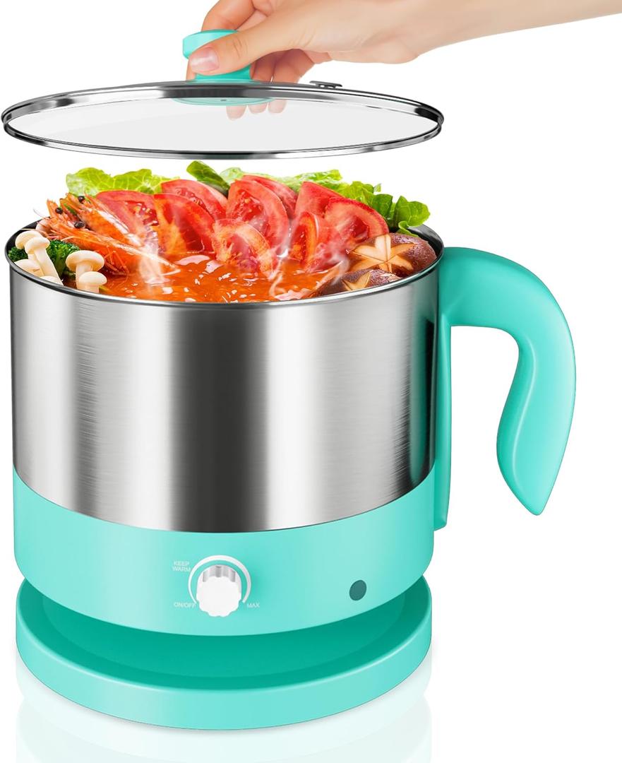 Hot Pot Electric - CACHOO Small 1.25Qt Turquoise Stainless Steel Ramen Cooker with Temperature Control & Keep Warm, Multi-Use Simmer Pot for Boiling, Stewing, Blanching - Ideal for Dorms, Camping, RVs (1.3 Quarts)