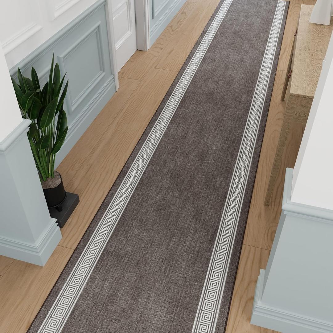 Ottomanson Mud Mat 2'7" x 4' Indoor Door Mat Machine Washable Soft Non-Slip Rug, Quick Dry Low Pile Carpet for Kitchen, Bathroom & Entryway, Greek Border Brown