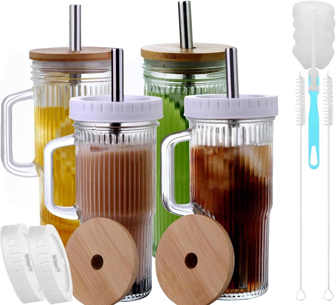 24oz Ribbed Glass Tumbler With Handle,4Pack Glass Cup with Lids and Straws,Reusable Glass Iced Coffee Cups With lids,Mason Jar Cup&Drinking Glasses for Smoothie,Shake,Juice,Soda Water,Tea,Travel Cup