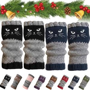 Cat Embroidery Splicing Knitted Gloves,Women's Winter Warm & cuddly Knitted Fingerless Gloves with Cute Cat Embroidery