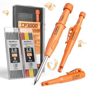 Nicpro CP3000 Carpenter Pencil with Sharpener, 2.8mm Mechanical Pencils with 19 Refill, Deep Hole Marker for Construction, Heavy Duty Woodworking Pencil, Carpenter Tools for Architect Marking (Orange)