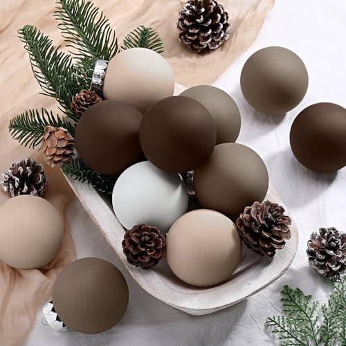 Hollowfly 12 Pcs Neutral Matte Christmas Ball Ornaments 2.4 Inch Rustic Boho Cream Beige Tan Brown Xmas Bulbs Ornament Vintage Xmas Baubles Modern Christmas Decor for Tree Farmhouse Decor