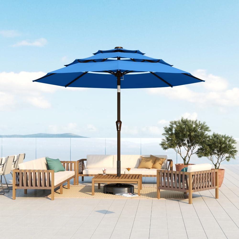 10FT Patio Umbrella 3 Tiers Outdoor Market Umbrella w/Push Button Tilt, Crank, UV and Waterproof Table Umbrella for Garden, Pool, Backyard, Deck, Lawn,Royal Blue