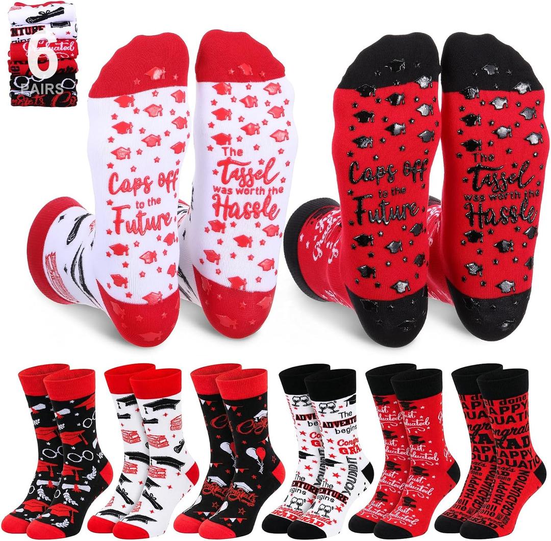 6 Pairs Graduation Pilates Grip Socks for Women Non Slip Yoga Socks with Grad Hat Pattern Congratulate Grad Gifts (Red)