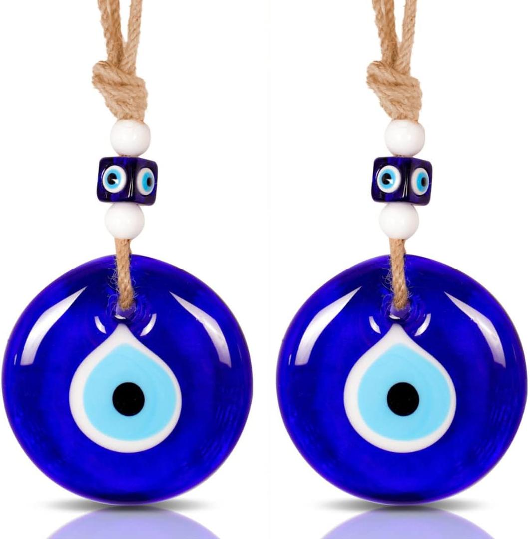 BCS - 2 Pcs Blue Evil Eye Decor Home Wall Hanging 3.5" Glass Handmade Turkish Nazar Amulet Good Luck and Protection Charm