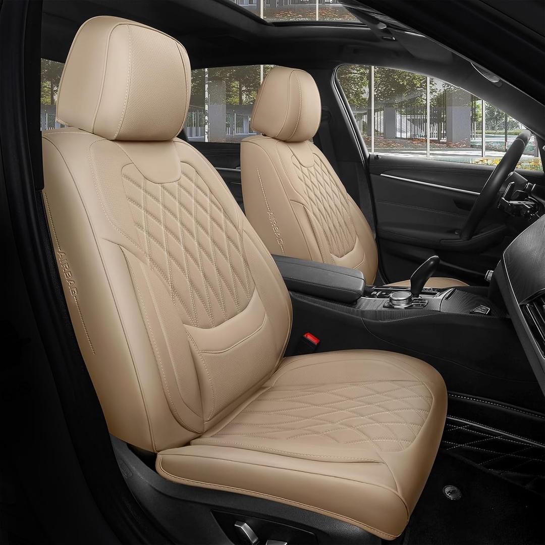 FREESOO Front Car Seat Covers - Luxury Breathable Waterproof Faux Leather Car Seat Cushion Protector with Lumbar Support, Universal Fit for Most 5 Seats Vehicles, Sedans, Hatchbacks, and Trucks, Beige
