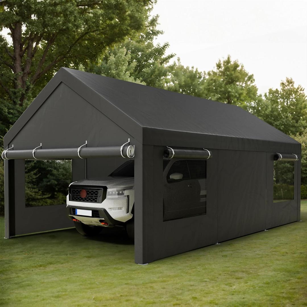 Shintenchi 12x20 FT Heavy-Duty Design Carport,Portable Garage Canopy,Carport Canopy with Side-Opening Removable Door & Roll-Up Window