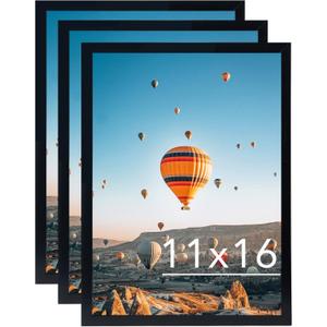 11x16 Black Picture Frame Set of 3, Horizontal and Vertical Formats for Wall Hanging, 11 x 16 Wall Gallery Poster Photo Frames with Durable Shatter Resistant Plexiglass, 3 Pack, Black