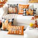 Artscope Fall Decorative Throw Pillow Covers 16x16 Inch Set of 4, Hello Happy Autumn Pumpkin Buffalo Plaid Maple Leaves Harvest Outdoor Farmhouse Pillow Cases for Home Sofa Couch-Orange B