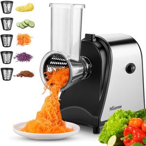 Electric Cheese Grater, 250W Salad Maker, 5 Different Blades for Slicing/Shredding/Grinding, One-Touch Control, Compact Kitchen Shredder for Block Cheese, Vegetables, Fruit (BPA-Free, Easy to Clean)