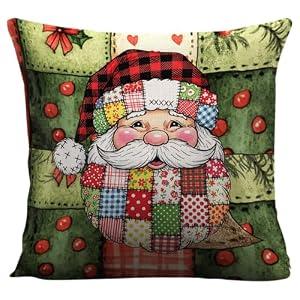 WLWLGLUCK Cozy Patchwork Santa Cotton Linen Pillowcase, Double - Sided Printed 18 * 18 Inch Throw Pillow Cover with Zipper Closure, Fade & Fuzz Resistant for Christmas Decor, Sofa, Bedroom, Car