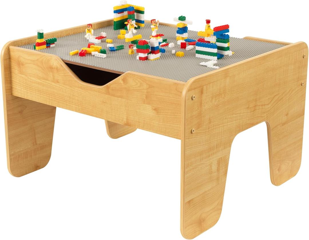 KidKraft Reversible Wooden Activity Table with Board with 195 Building Bricks Gray & Natural, Gift for Ages 3+, 28.5" x 23.5" x 3.25"