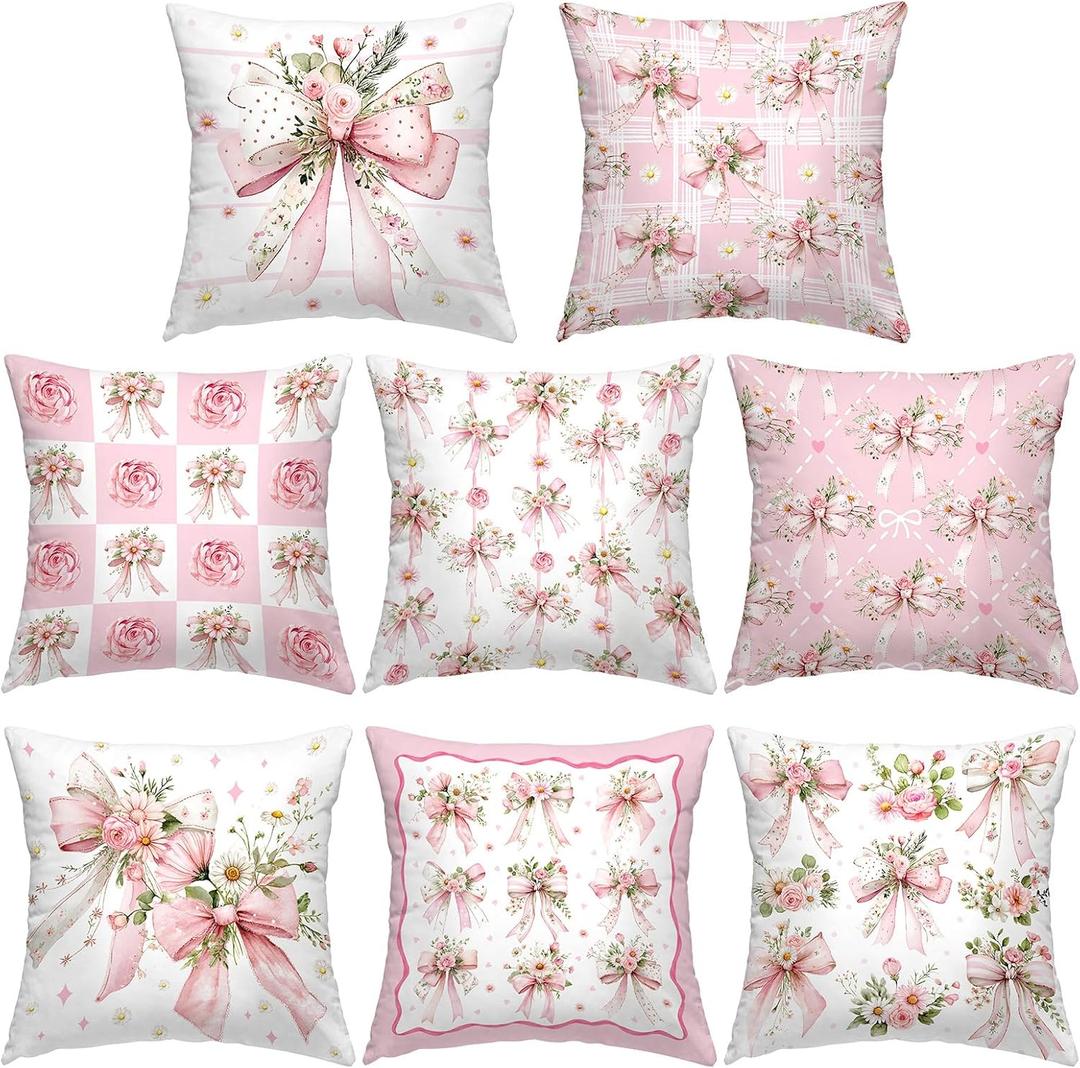8 Pcs 18x18 Inch Pink Bow Floral Pillow Covers Cute Coquette Room Decor Bow Knot Aesthetic Girly Pillowcase Set Watercolor Aesthetic Preppy Grandmillennial Room Decoration Bedroom Sofa Decor