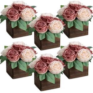 DIYDOFUN Dining Table Centerpiece Set of 6 - Pre-Made Aritifial Rose with Wooden Vase Fake Floral Arrangment Faux Flower for Wedding Bridal Tea Party Event Decorations - Dusty Pink & Champagne