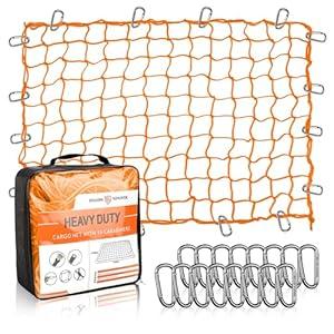 Seven Sparta 5’ x 7’ Bungee Cargo Net Stretches to 10' x 14' for Truck Bed, Pickup Bed, Trailer, Trunk, SUV with 16 Bonus D Clip Carabiners Car Organizer Net for Large Loads (Orange) Seven Sparta 5’ x 7’ Bungee Cargo Net Stretches to 10' x 14' for Truck Bed, Pickup Bed, Trailer, Trunk, SUV with 16 Bonus D Clip Carabiners Car Organizer Net for Large Loads (Orange)