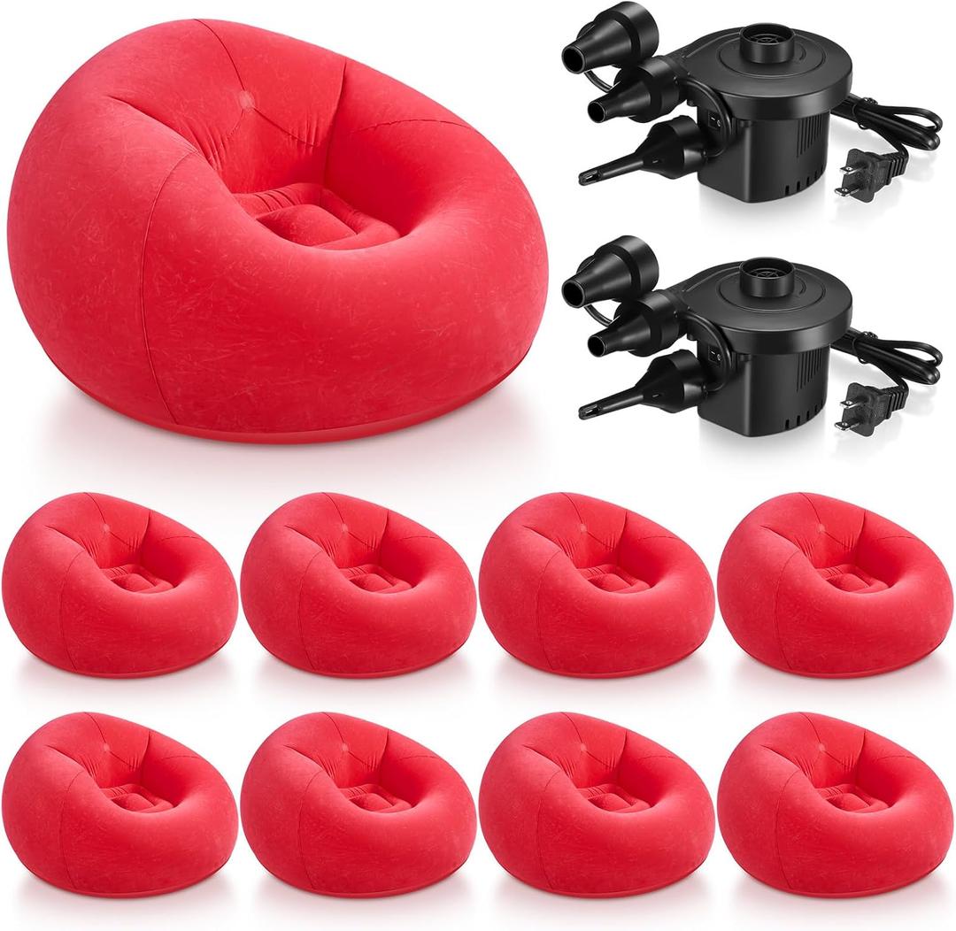 Realspring 6 9 12 Pcs Inflatable Bean Bag Chairs for Adults with Electric Air Pump, Blow up Couch Folding Portable Inflatable Couch Lazy Sofa for Outdoor Movie Night Camping(Red,9 Pcs)
