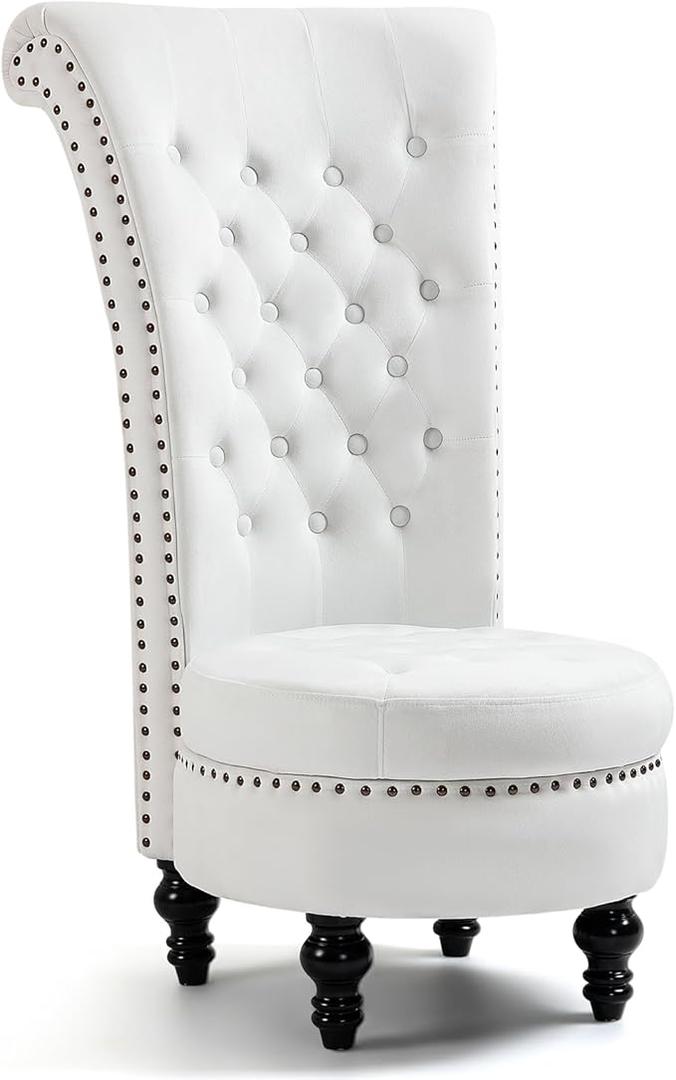 AVAWING High Back Throne Chair, Velvet Armless Royal Accent Chair w/Storage, Nailhead Trim & Rubberwood Legs for Living Room & Bedroom, White