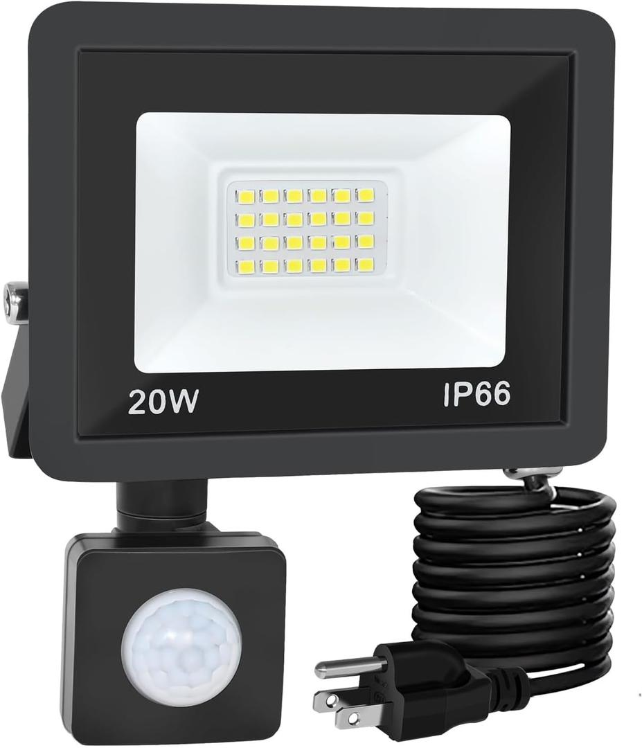 Motion Sensor Flood Light Outdoor, 20W Plug in Motion Sensor Light with 4.9ft Cord, IP66 Waterproof Floodlights with Photocell 6000K Super Bright Security Light for Garden Patio (1)