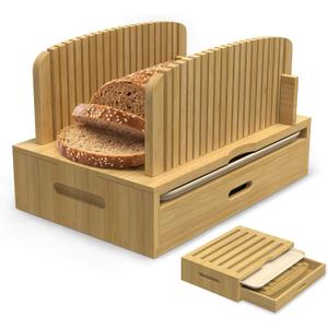 LOHASOK Bamboo Bread Slicer Guide: Bread Cutter for Homemade Bread Loaf - Adjustable and Foldable with Crumb Tray