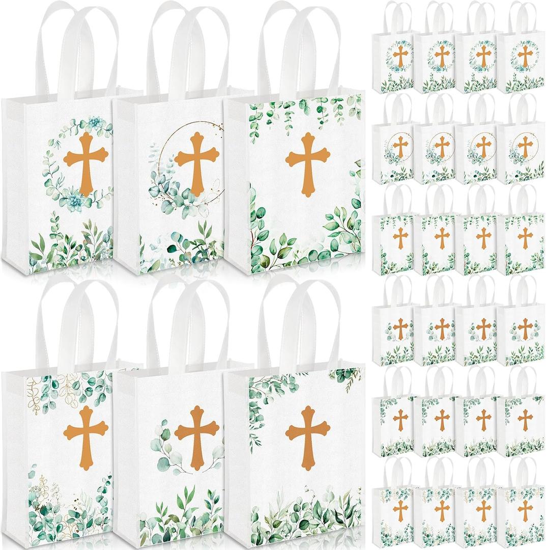 Ribbonlic 24 Pcs First Communion Religious Gift Bag Reusable Baptism Gift Bags Non Woven Church Welcome Bags for 1st Communion Easter or Other Religious Occasions Party Favors 9.84 x 7.87 x 2.36''