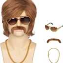 Miss U Hair Men's Brown 70s Party Wigs Mullet Halloween Wig with 70s Accessories Necklace Glasses Mustache