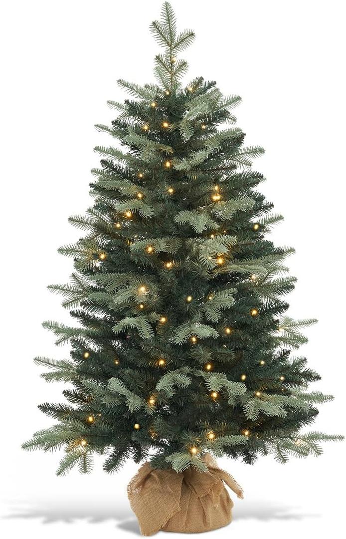 4FT Pre-lit Artificial Mini Christmas Tree, Small Xmas Trees with 100 Lights, 8 Mode Timer and Cloth Bag Base for Home, Office, 1 Pack