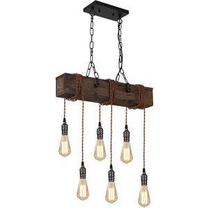 KEESFU 6-Lights Dining Farmhouse Chandelier, Farmhouse Wooden Ceiling Pendant Light, Height Adjustable, Rustic Chandelier for Kitchen Island Dining Room Bar Pool Table Cabin.