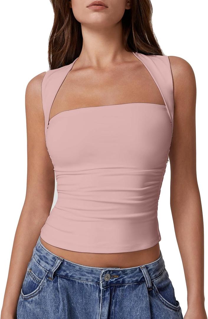 QINSEN Womens Square Neck Tank Tops Side Ruched Double Lined Slim Fit Summer Going Out Crop Top (Small, Pink)