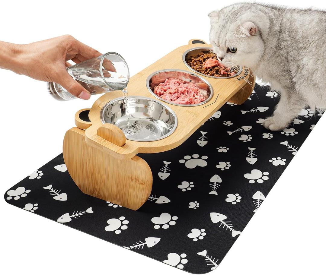 Tilted Elevated Cat Food Bowls Set: Raised Pet Dishes for Cats & Puppy with 15Tilted Bamboo Stand, Stainless Steel Food & Water Bowl and Pet Feeding Mat | Anti Vomiting (3 Bowls | Little Monster)