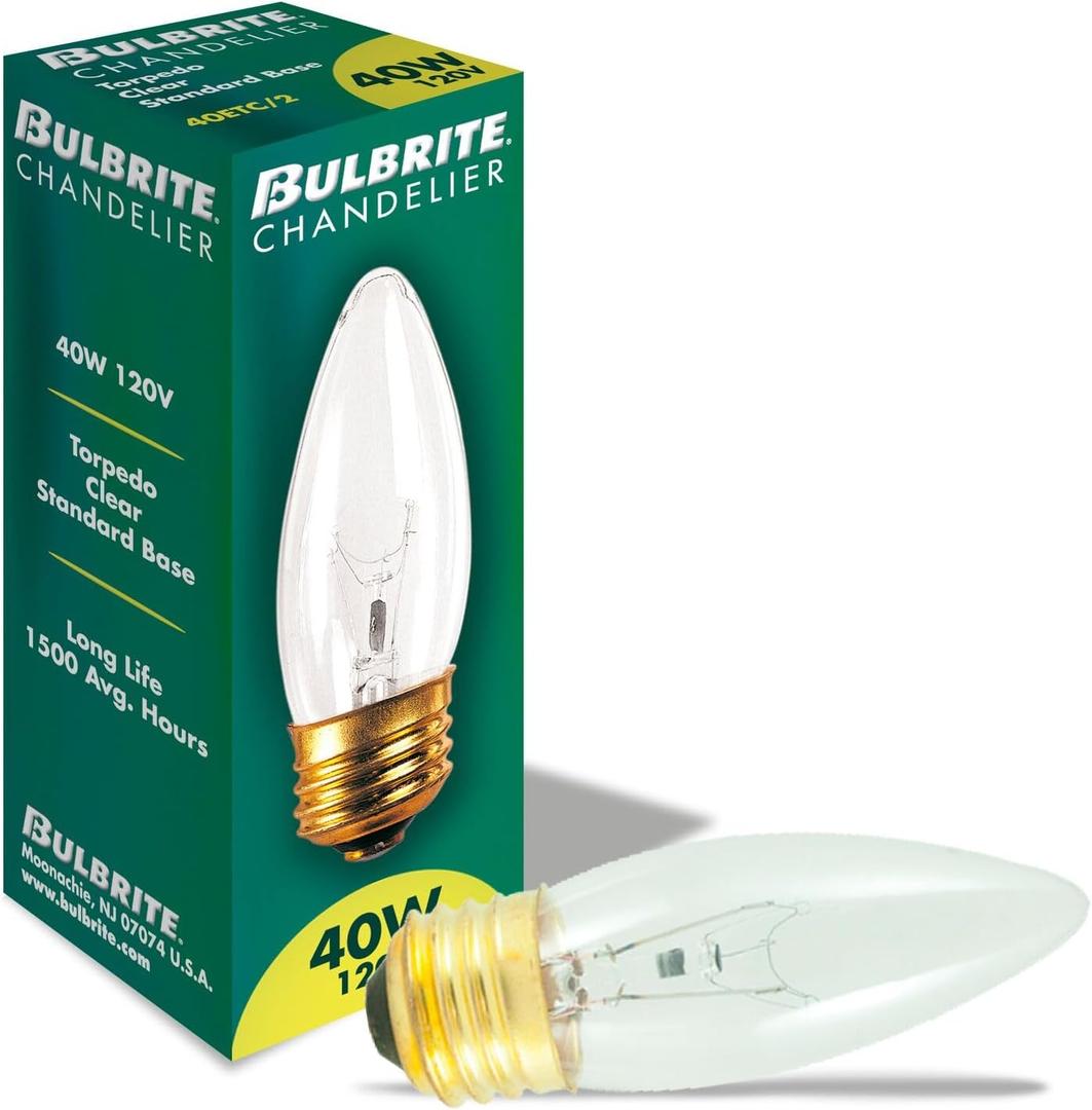Bulbrite Incandescent B10 Medium Screw Base (E26) Light Bulb, 40 Watt, Clear ,1 Count(Pack of 1)