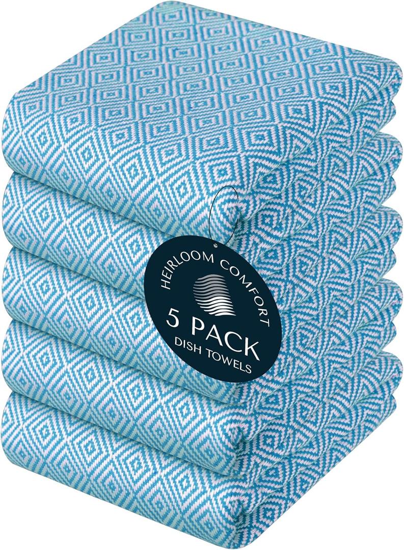 Turquiose Blue Kitchen Towels Set of 5, Durable & Super Absorbent Dishcloths Pack, 100% Cotton, Reusable, Durable, Quick Dry Towels for Daily Kitchen Use, Wiping & Drying Dishes