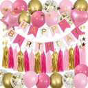 Pink Birthday Decorations for Women, HAPPY BIRTHDAY Banner, Stars Garland, Paper Tassels, Heart Star Balloon, Pink Gold Balloons for Women Girls Birthday Party Supplies