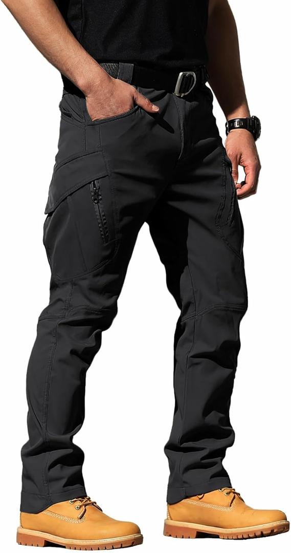 FLYFIREFLY Men's Ripstop Tactical Cargo Pants Water Resistant Quick Dry Hiking Work Pants with Multi-Pockets(No Belt) (34, Black)