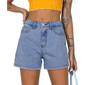 onlypuff Women Denim Shorts Ripped Mid Waisted Jean Shorts with Pockets (Blue, S)