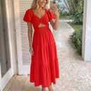 ZESICA Womens Summer Casual Flowy Vacation Maxi Dress 2026 Short Puff Sleeve A Line Smocked Cutout Beach Party Dresses (Red, S)