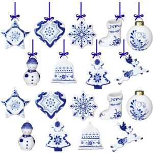 Funtery 18 Pieces Blue and White Porcelain Ornaments Chinoiserie Fall Pumpkin Decor Hanging Pendant Christmas Decor Ceramic Christmas Tree Ornaments for Christmas Autumn Decoration (Cute Style)