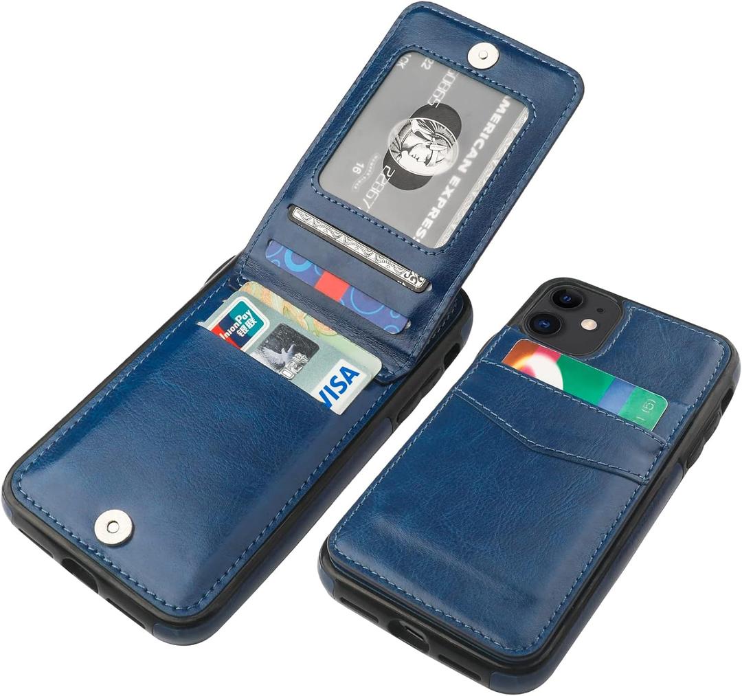 KIHUWEY Compatible with iPhone 11 Case Wallet with Credit Card Holder, Premium Leather Magnetic Clasp Kickstand Heavy Duty Protective Cover for iPhone 11 6.1 Inch(Blue)