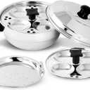 KSJONE Stainless Steel 4 pcs Multi Kadai (Induction Friendly) Idli Cooker with Stainless Steel lid, 2 idli Plates (8 Idlis), 1 patra Plate, Silver