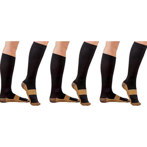 3 Pair Sirosky Compression Copper Socks Graduated 20-30 mmHg Support Sock Feet Foot Ankle Pain Relieving Ache Relief for Men Woman Over the Calf Below Knee High (Black/Gold-3PR, Sm/Med)