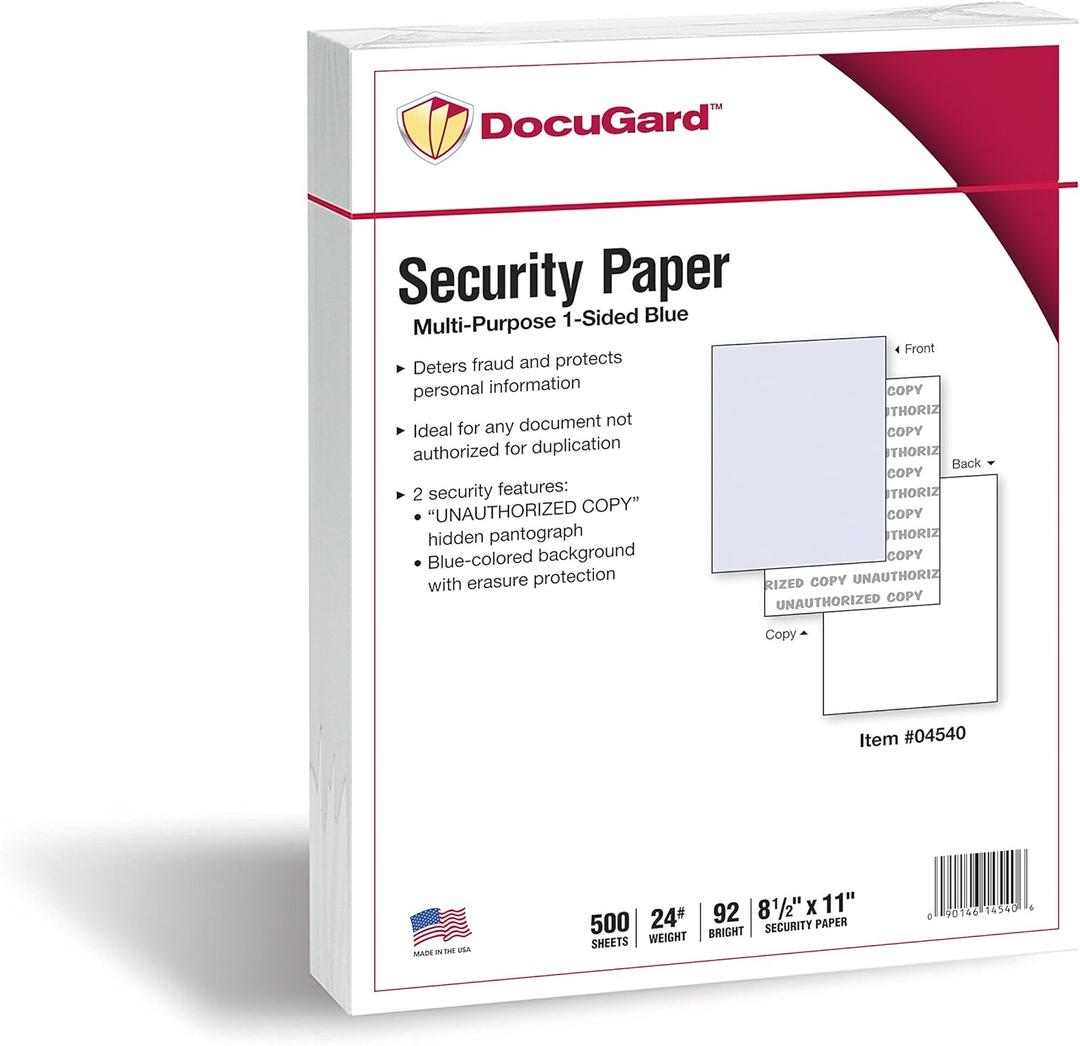 DocuGard Standard Blue Multi-Purpose Security Paper - Fraud Prevention - 2 Security Features - Laser & Inkjet Printer Compatible - 8.5" x 11 - 24 lb - 500 Sheets (04540)