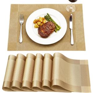 Placemats,Table Place Mats for Kitchen Dining, Heat-Resistant Anti-Skid Stain Washable PVC Table Mats, Easy to Cleaning Woven Vinyl Dinner Mats (Gold, 6 Pack)