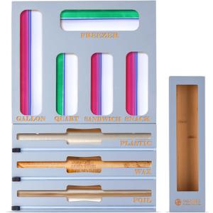 Calmbee 9 in 1 Bamboo Storage Bag Organizer for Kitchen Drawer  Plastic Wrap Dispenser with Cutter & Foil Organizer, Wooden Baggie Organizer for Sandwich, Snack, Gallon, Quart Sizes, Grey