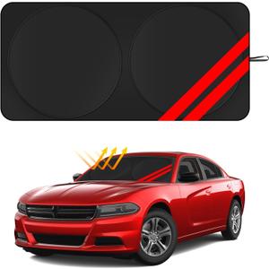 Windshield Sun Shade for Dodge Charger Challenger Durango Ram Accessories Universal Fit to All Dodge Cars Sunshade Foldable Sun Visor Protector Blocks UV Rays Keep Your Car Cooler (Red)