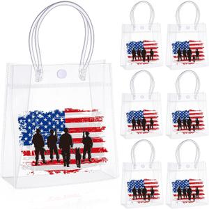 24 Pcs Patriotic Clear Gift Bags Red White Blue Handles PVC Treat Bags for 250th Anniversary 4th of July(American Flag), 5.9 x 6.3 x 2.7 inches