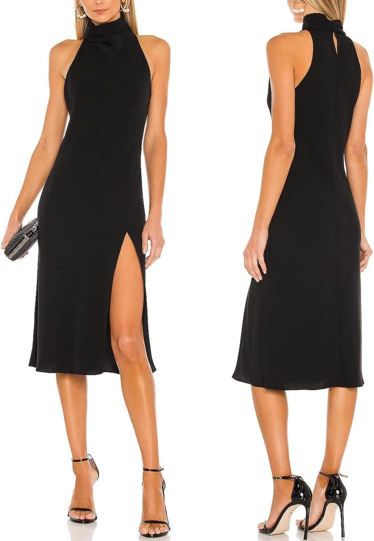 ALENDA DANMOS Women's Sleeveless Bodycon Halter High Neck Midi Dress Thigh High Slit Cocktail Party Dress 193(Large, Black)
