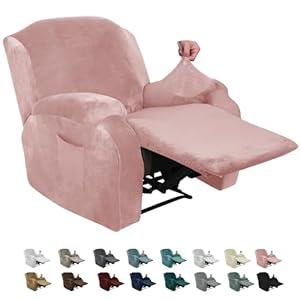 MAXIJIN Velvet 4 Piece Recliner Cover Stretch Plush Soft Cover for Recliner Chair Thick Soft Recliner Chair Slipcover Separate Chair Cover for Recliner with Side Pocket (Recliner, Dusty Pink)