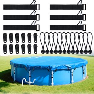 30Pcs Pool Cover Clips Kit for Above Ground Pool, Include Bungee Pool Cover Straps, Pool Tarp Clips and Antislip Fixing Straps, Reinforced Pool Clamps Swimming Pool Support Pole Clamps